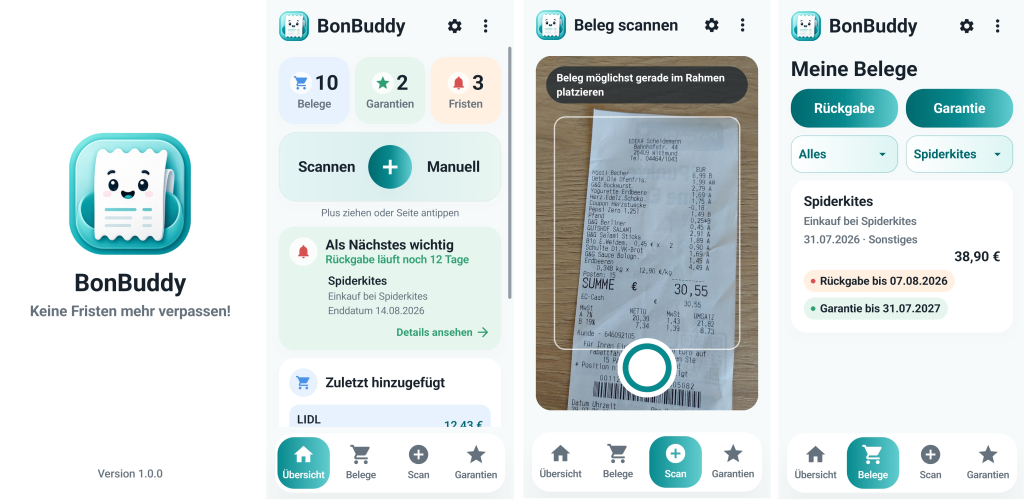 Screenshot der BonBuddy Belege und Fristen App