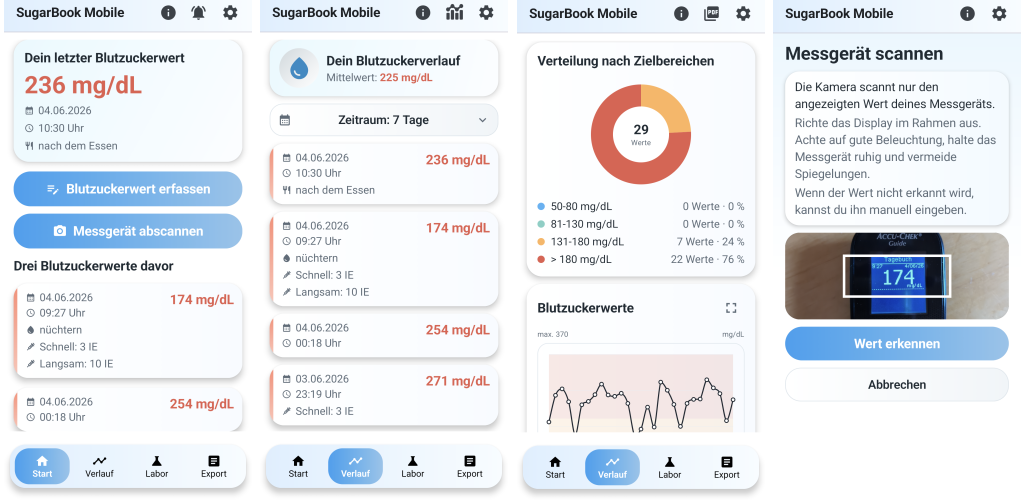 Screenshot der SugarBook Diabetes Tagebuch App