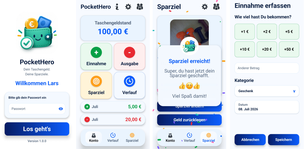 Screenshot der PocketHero Taschengeld App